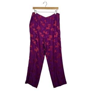 Shanghai Tang Silk Blend Pants Womens Sz 14 Purple Pink Floral Jacquard Oriental